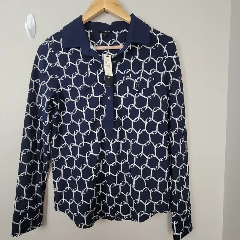 TALBOTS Chain Link Graphic Long Sleeve Collared Polo Cotton/ Spandex Small
